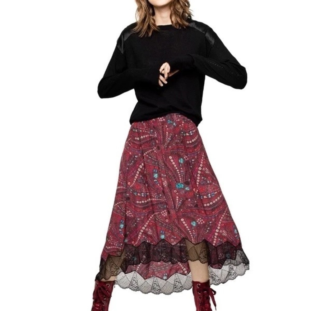 Zadig & Voltaire Joslin Psyche Skirt Red Print Lace Hem Size 34 US 2–4 NWT